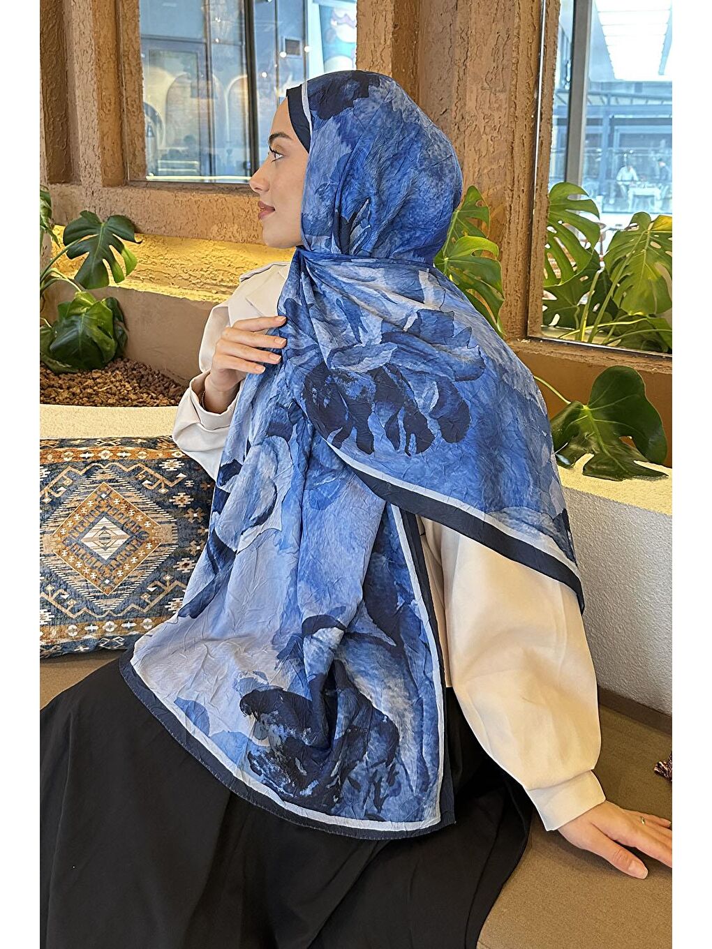 Floral Desen Bambu Şal Lacivert-3
