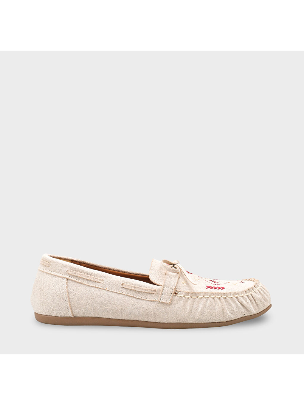 Bej Viki Kızılderili Nakışlı Yumuşak Kadın Loafer Ayakkabı