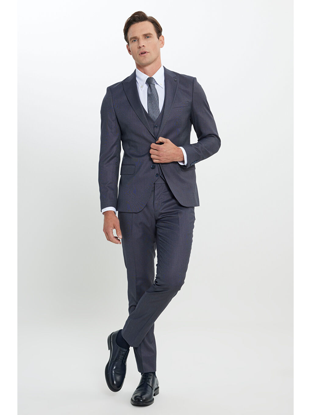 Erkek Mavi Ekstra Slim Fit Dar Kesim Desenli Yelekli Takım Elbise-3