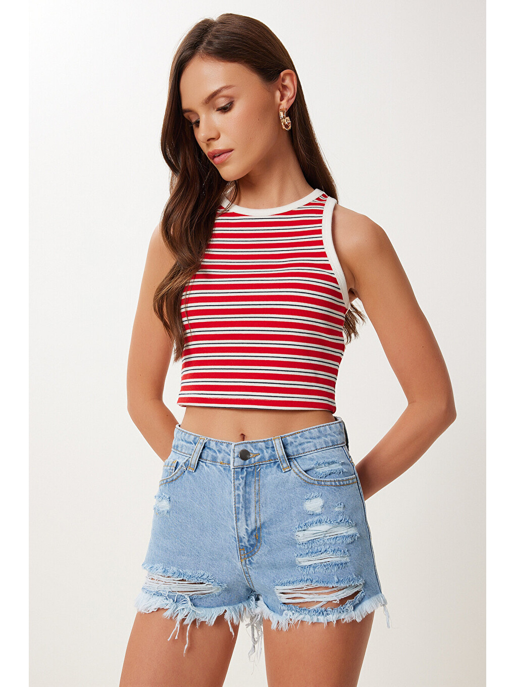 Mavi Yırtık Mini Denim Şort AÇIK MAVİ LCR0085-1