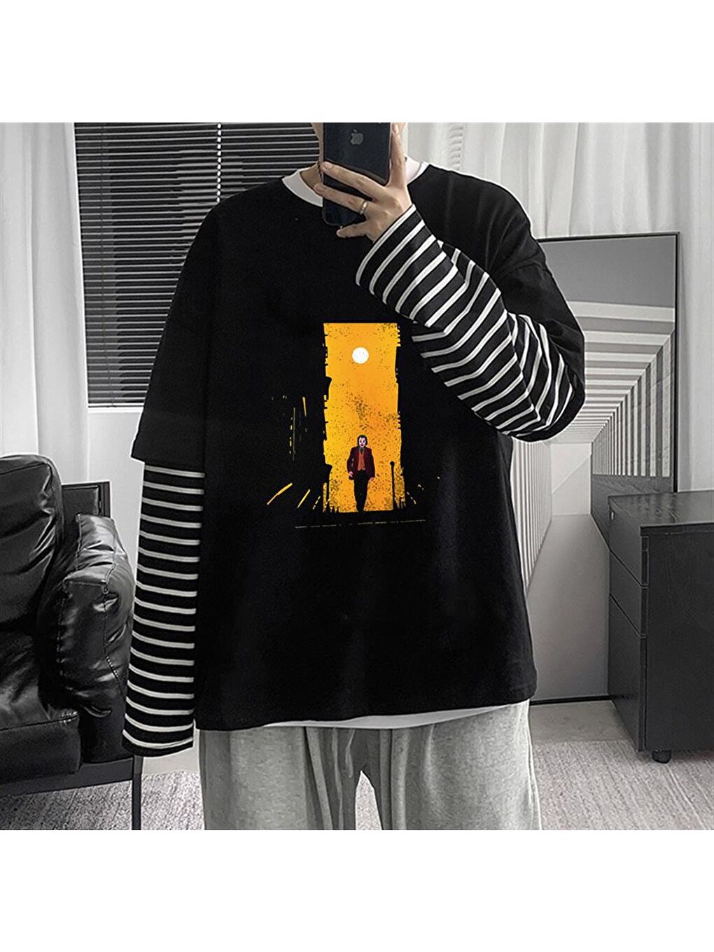 Touz Moda Siyah Walking Joker Baskılı Fake Sleeves Unisex Siyah T-shirt