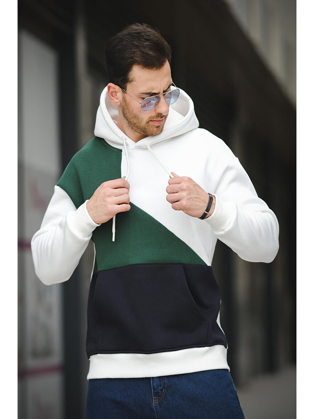 Oksit Ekru Üç İplik Pamuklu Parçalı Kapüşonlu Erkek Sweatshirt