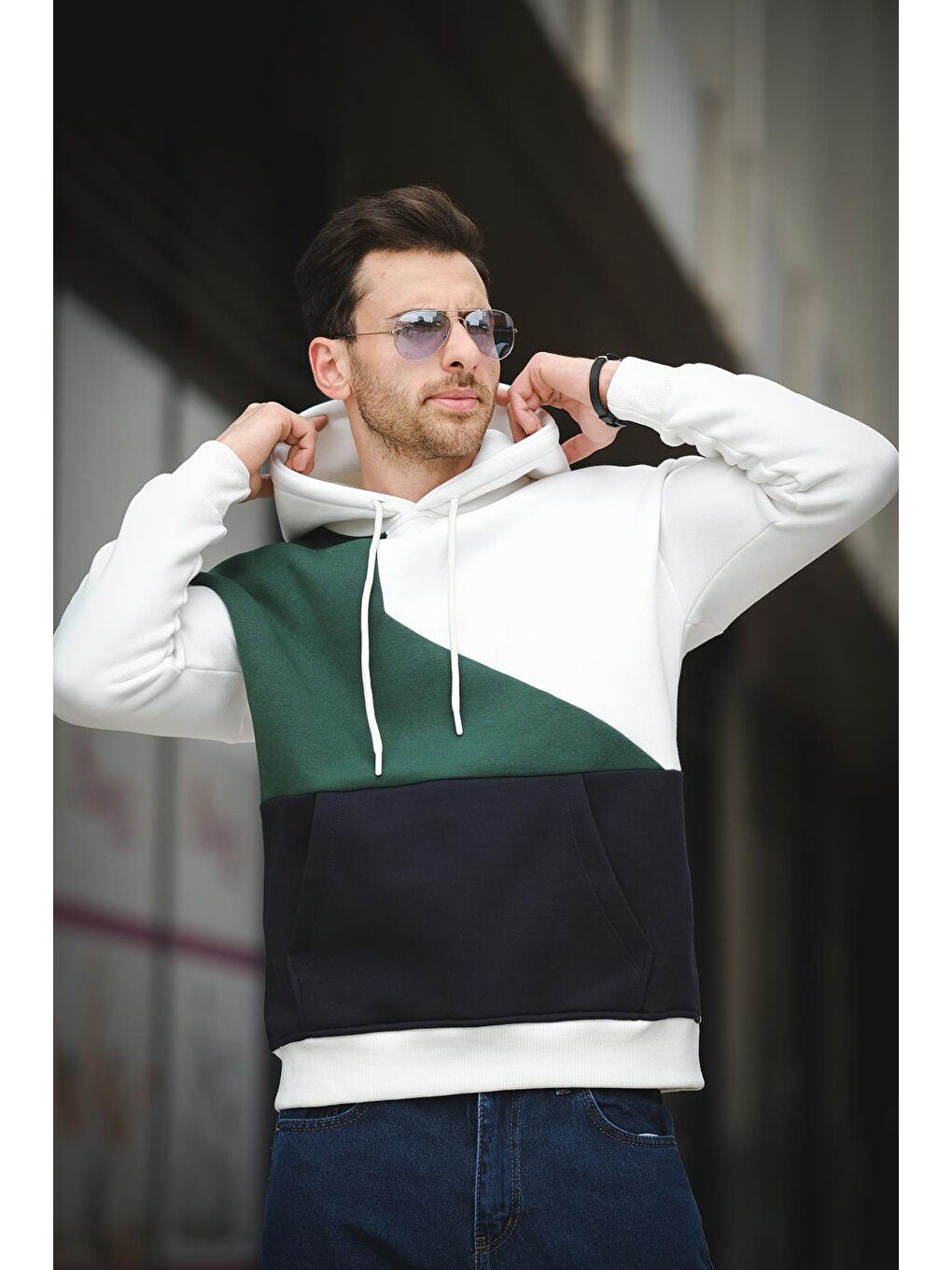 Oksit Ekru Üç İplik Pamuklu Parçalı Kapüşonlu Erkek Sweatshirt - 1