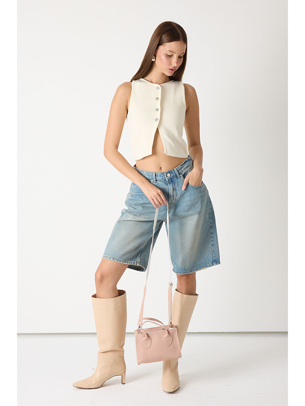 Pembe Kadın Pudra Mini Boy Suni Deri Askılı El ve Omuz Çantası-4