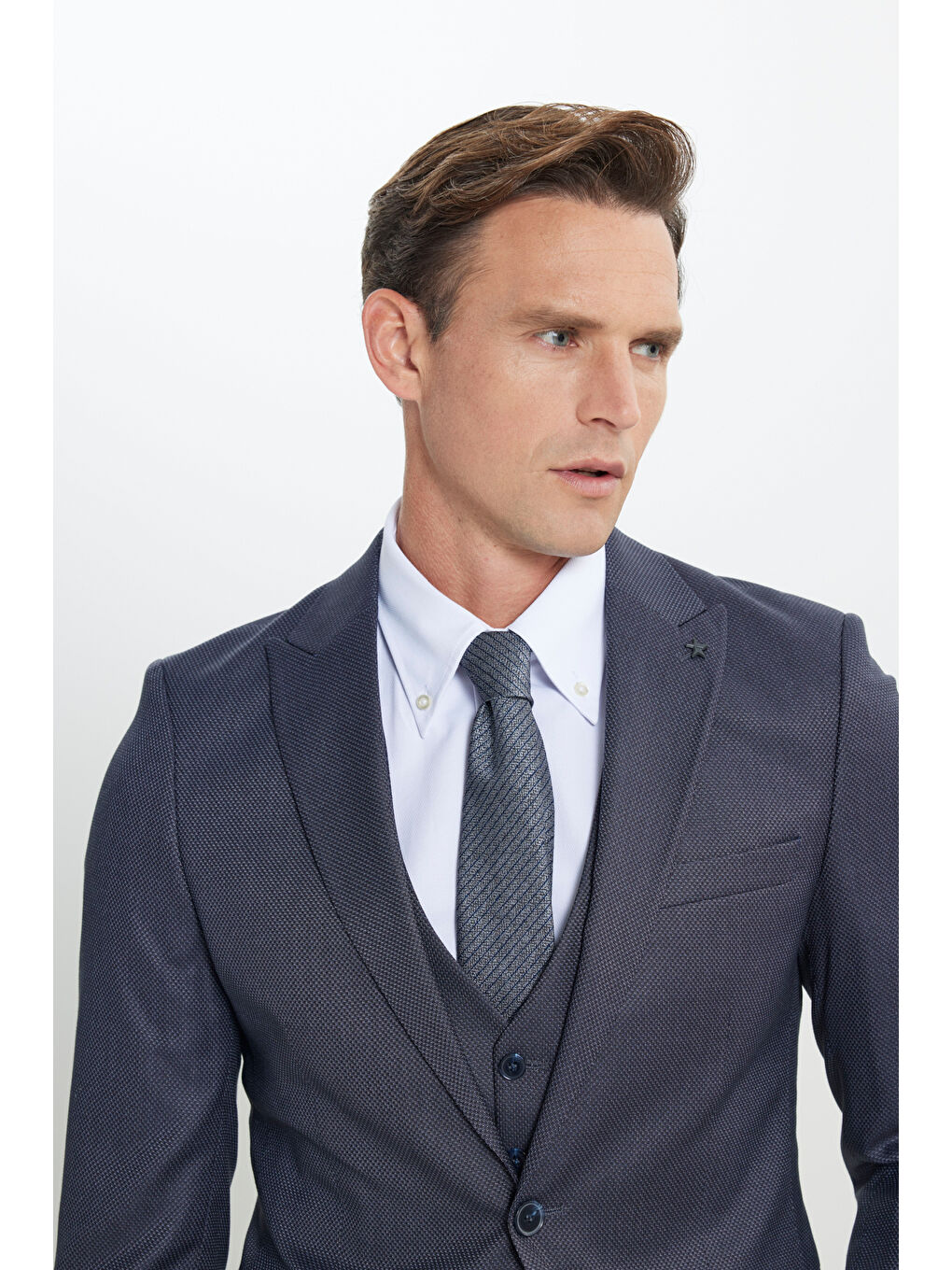 Erkek Mavi Ekstra Slim Fit Dar Kesim Desenli Yelekli Takım Elbise-4