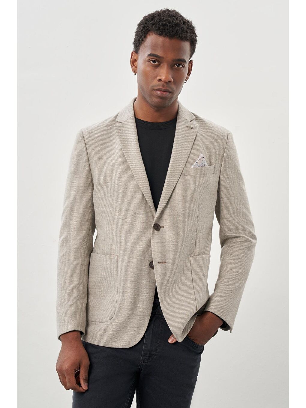 Bej Kendinden Flannel Mono Yaka Esnek 6 Drop Slim Fit Casual Ceket 1002245167-2