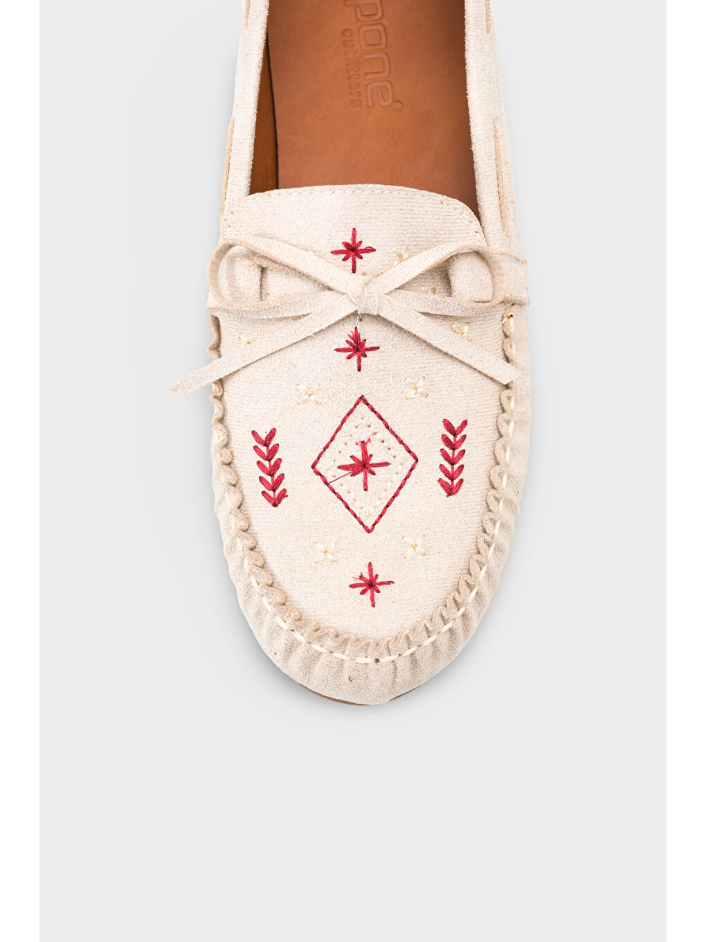 Bej Viki Kızılderili Nakışlı Yumuşak Kadın Loafer Ayakkabı-2