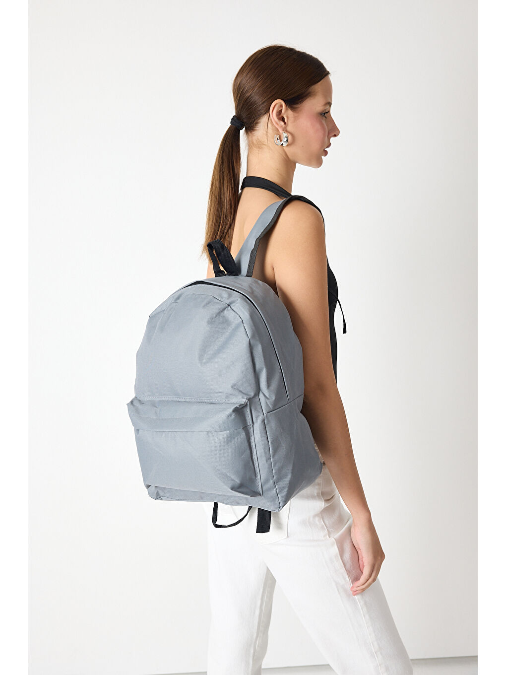 Unisex Gri Önü Fermuarlı İki Bölmeli Sırt Çantası