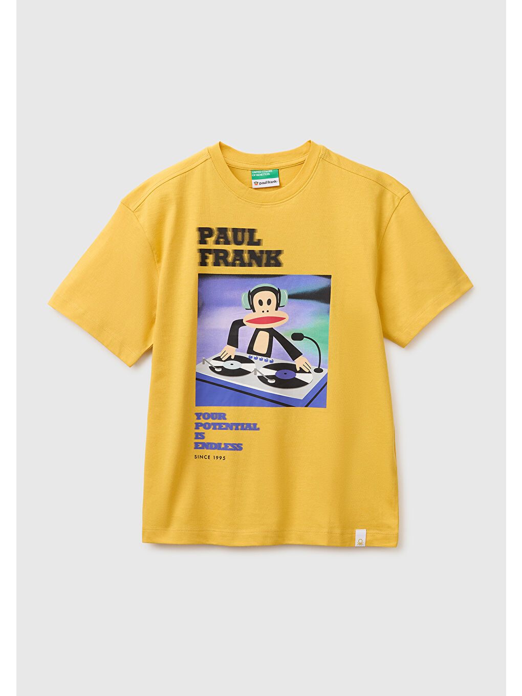 Erkek Çocuk Hardal Sarısı Önü ve Arkası Baskılı Etek Ucu Logolu Bisiklet Yaka T-Shirt