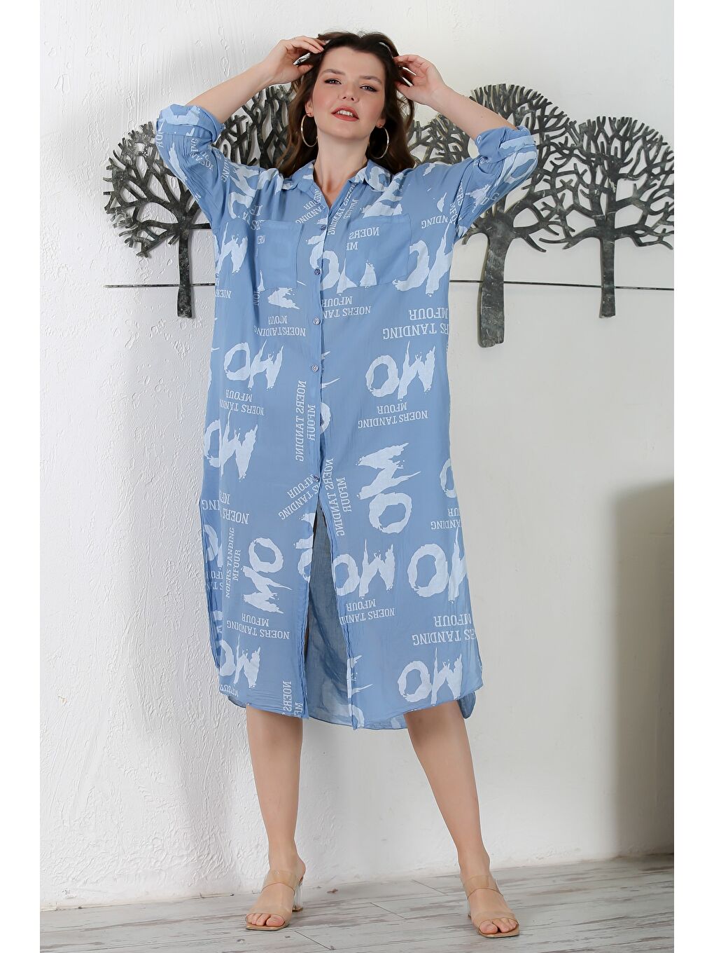 İtalyan Gök Mavisi Gömlek Yaka Düğmeli Uzun Kollu Çift Cepli Allover Baskılı Dokuma Elbise 130 65