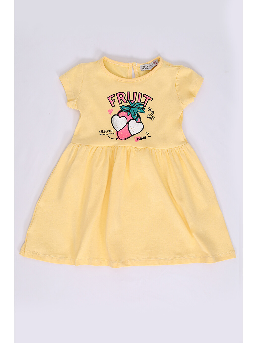 Sarı Kız Bebek Fruit Yazılı Çilek Baskılı Elbise
