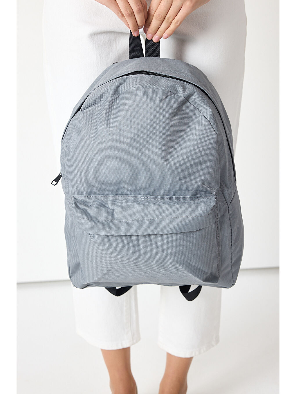 Unisex Gri Önü Fermuarlı İki Bölmeli Sırt Çantası-1