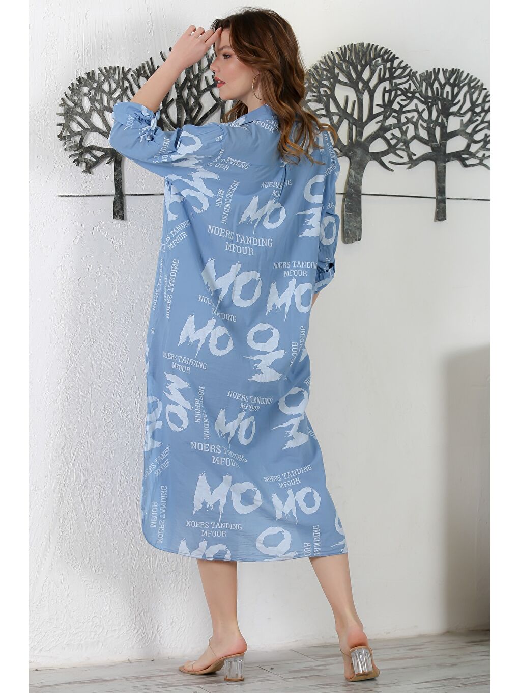 İtalyan Gök Mavisi Gömlek Yaka Düğmeli Uzun Kollu Çift Cepli Allover Baskılı Dokuma Elbise 130 65-7