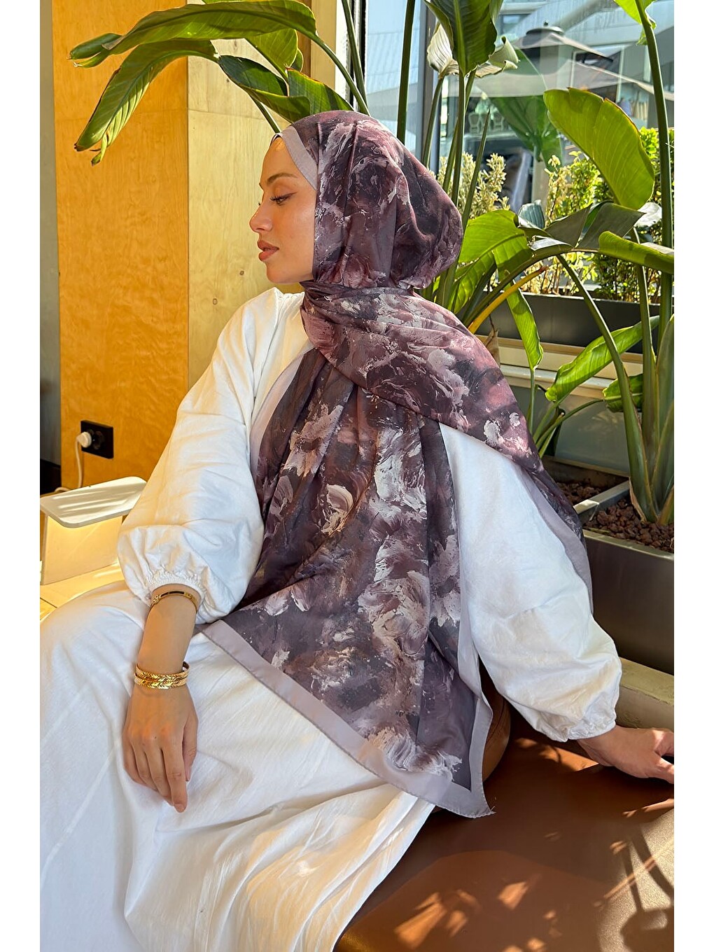Kahverengi Gül Çiçek Desen Lara Soft Şal Soft Kahve-3