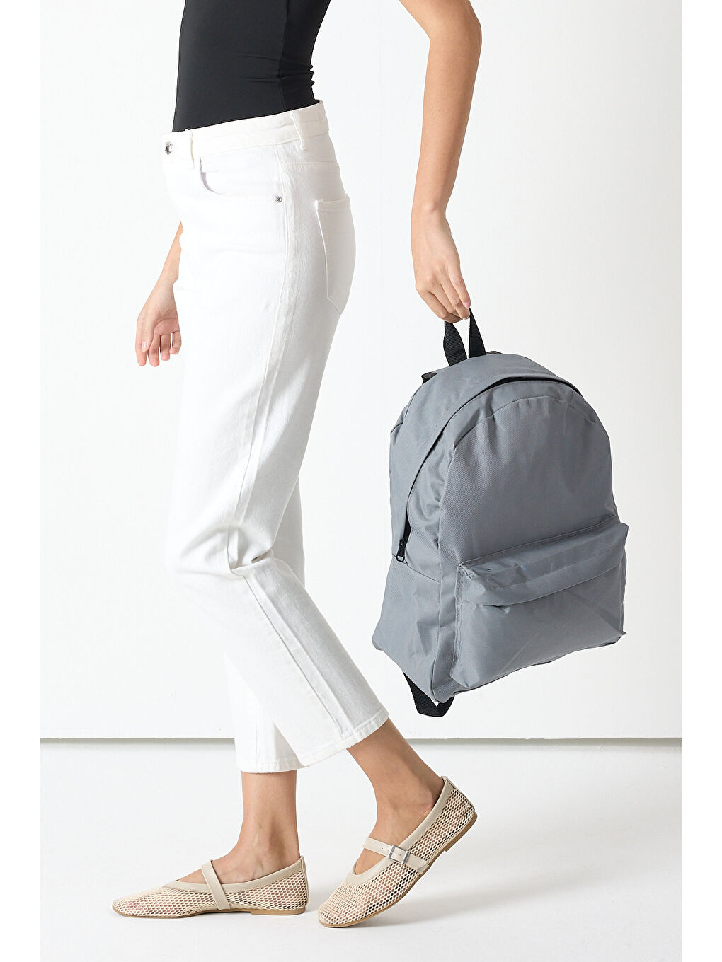 Unisex Gri Önü Fermuarlı İki Bölmeli Sırt Çantası-2