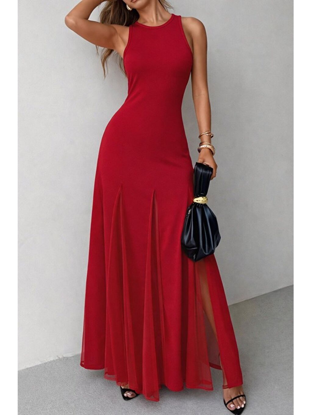 Kırmızı Kadın Askılı Bisiklet Yaka Etek Ucu Tül Detaylı Asimetrik Kiloş Uzun Ithal Krep Elbise-1