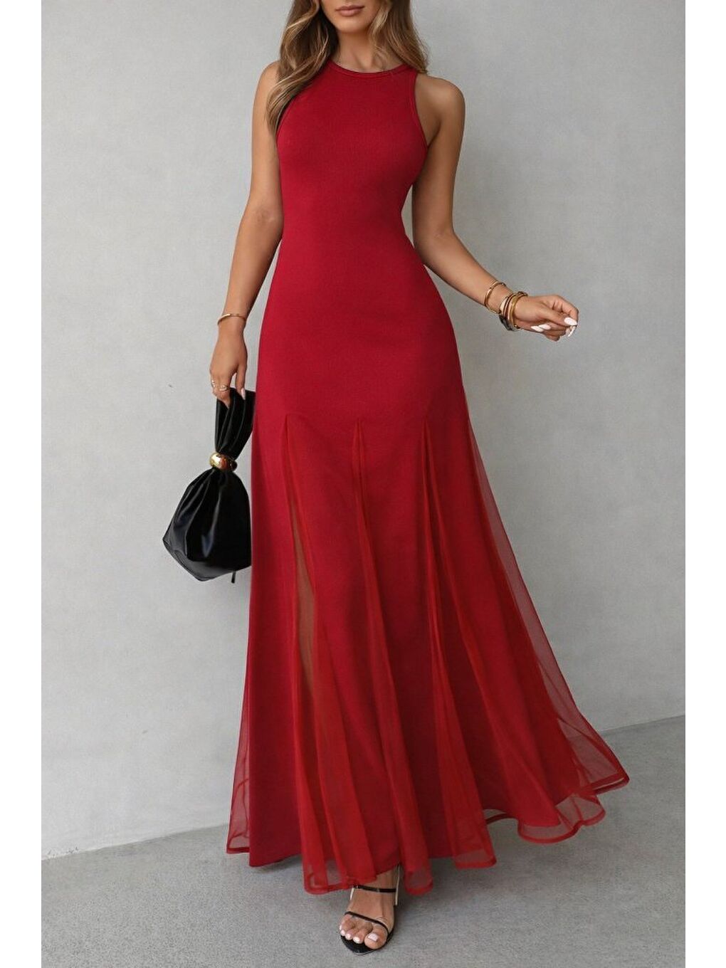Kırmızı Kadın Askılı Bisiklet Yaka Etek Ucu Tül Detaylı Asimetrik Kiloş Uzun Ithal Krep Elbise-2