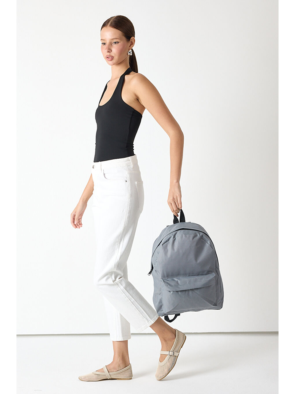 Unisex Gri Önü Fermuarlı İki Bölmeli Sırt Çantası-3