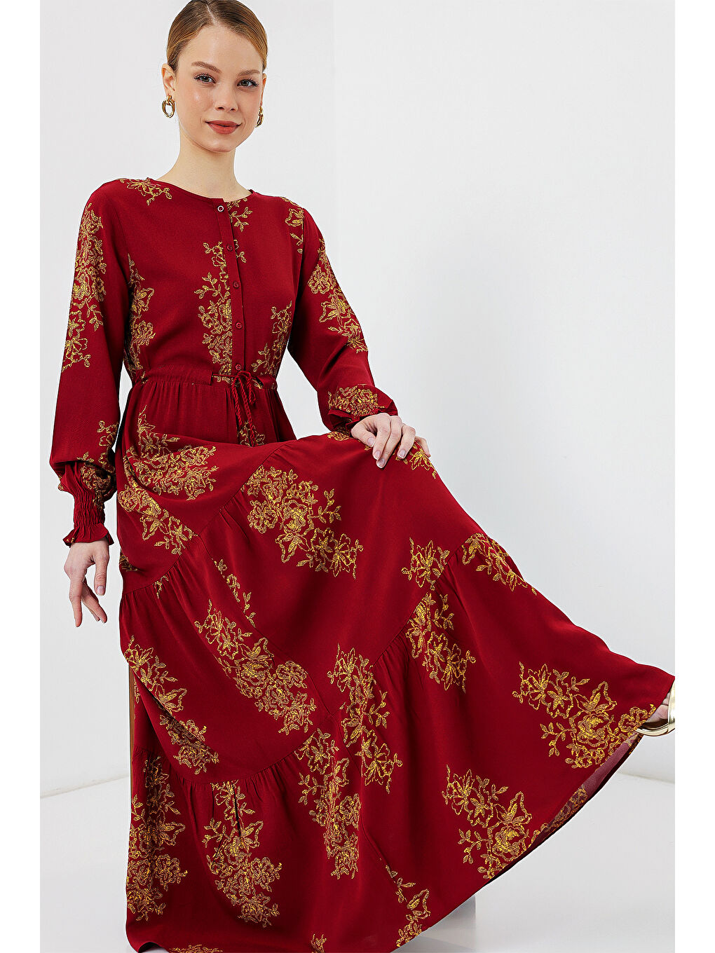 2145 Desenli Tesettür Elbise - B.Kırmızı