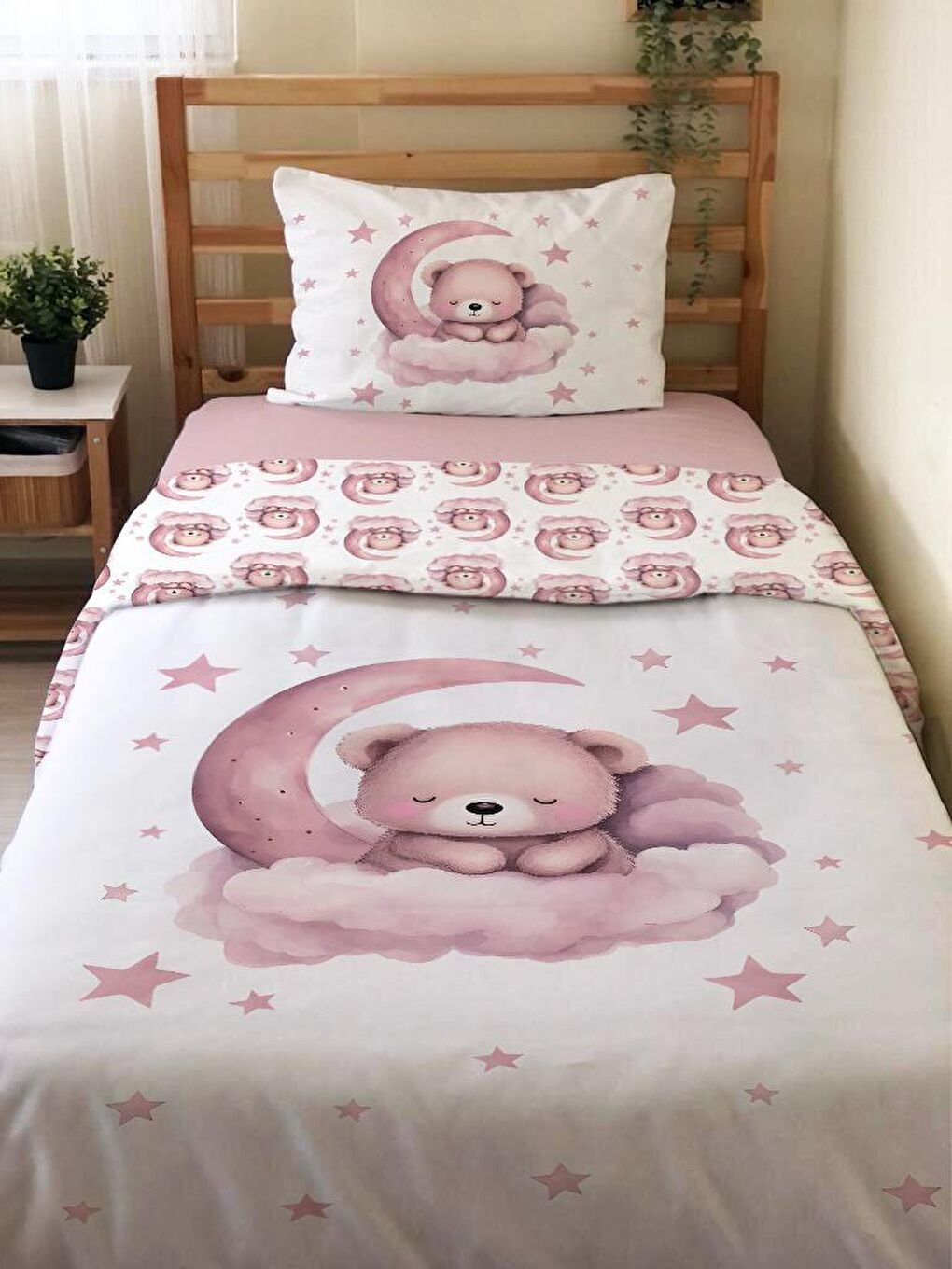 EVMİLA Karışık Çift Taraflı Pembe Teddy Desenli Çarşafsız 2'li Takım Baskılı Tek Kişilik Nevresim Takımı 160x220 Cm