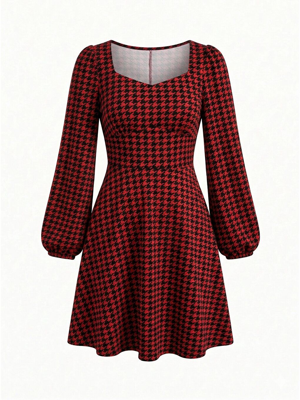 Kırmızı Kadın Uzun Kollu Kare Kalp Yakalı Mini Modal Elbise-2