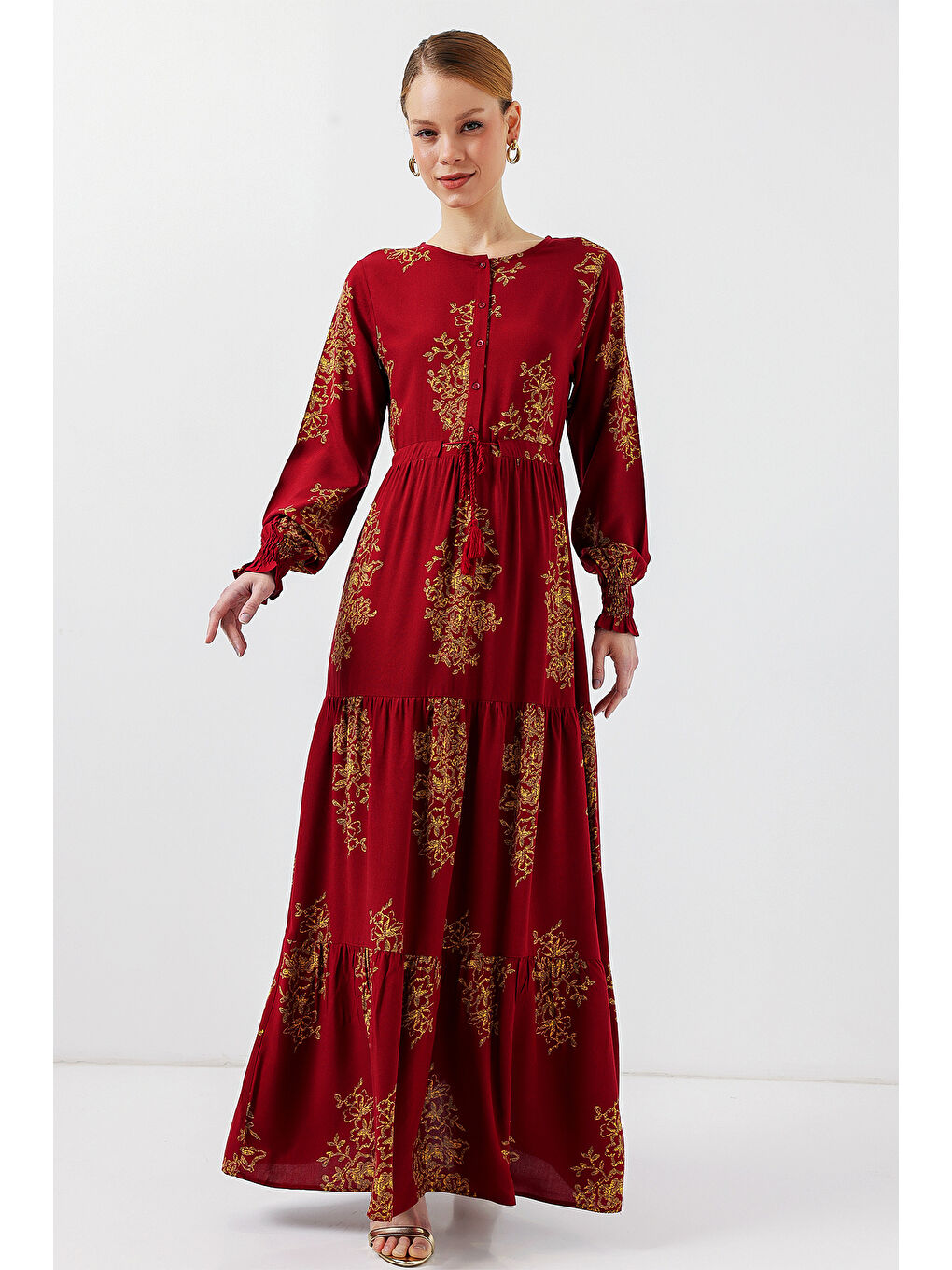 2145 Desenli Tesettür Elbise - B.Kırmızı-1