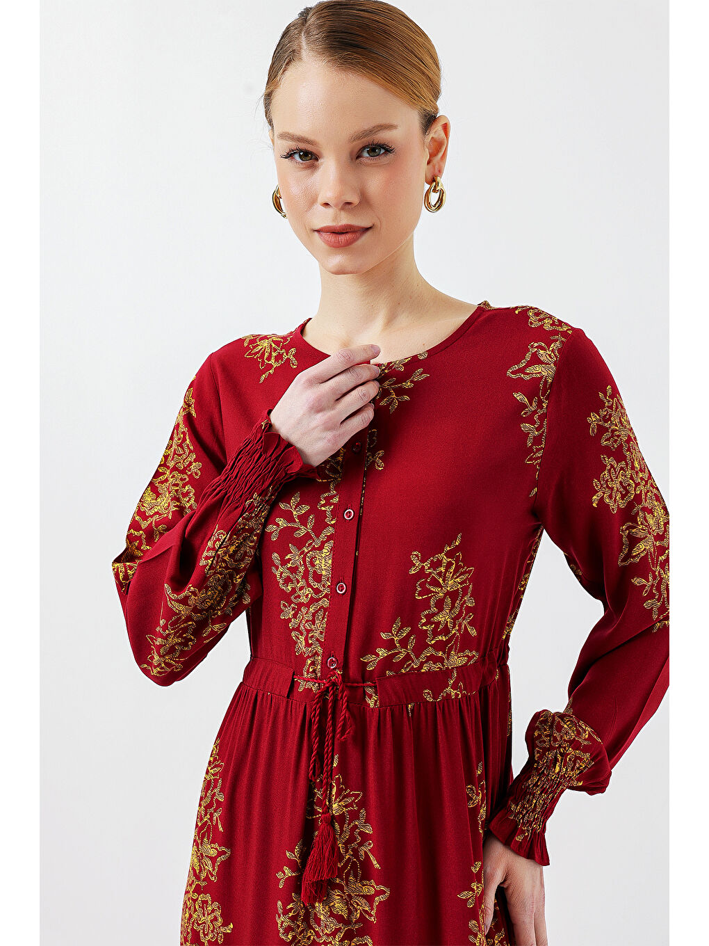 2145 Desenli Tesettür Elbise - B.Kırmızı-2