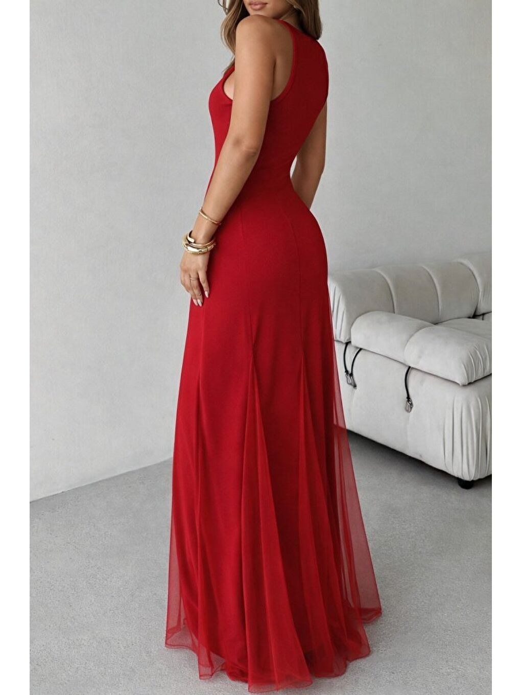 Kırmızı Kadın Askılı Bisiklet Yaka Etek Ucu Tül Detaylı Asimetrik Kiloş Uzun Ithal Krep Elbise-3