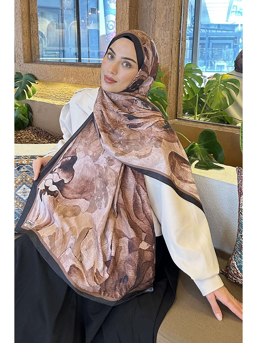 Floral Desen Bambu Şal Siyah Kahverengi