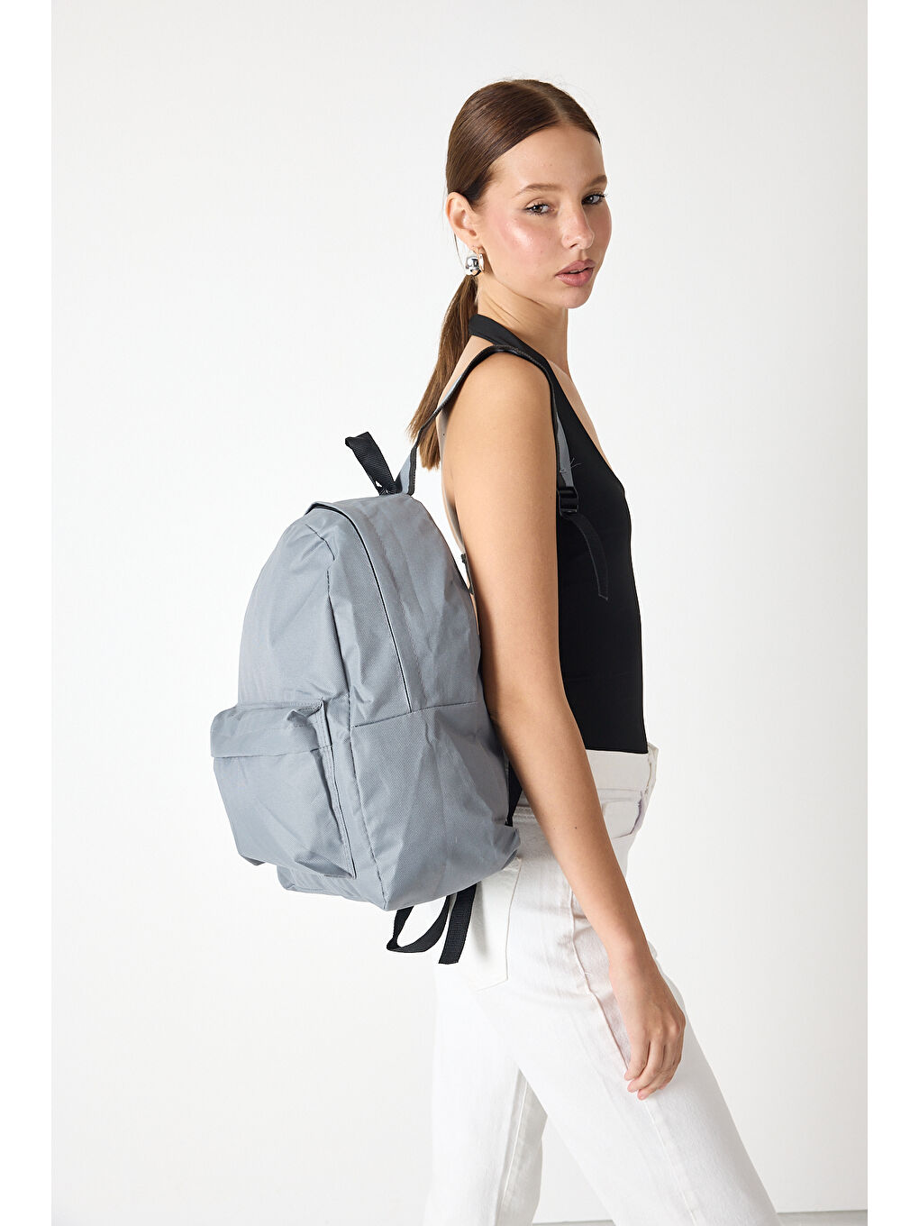 Unisex Gri Önü Fermuarlı İki Bölmeli Sırt Çantası-4