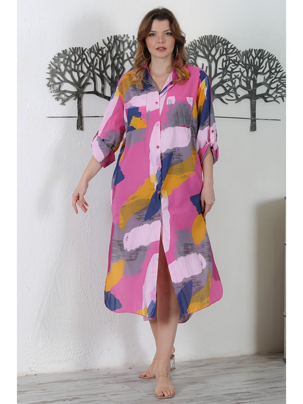 İtalyan Pembe Gömlek Yaka Düğmeli Uzun Kollu Çift Cepli Allover Baskılı Dokuma Elbise 130 65-1