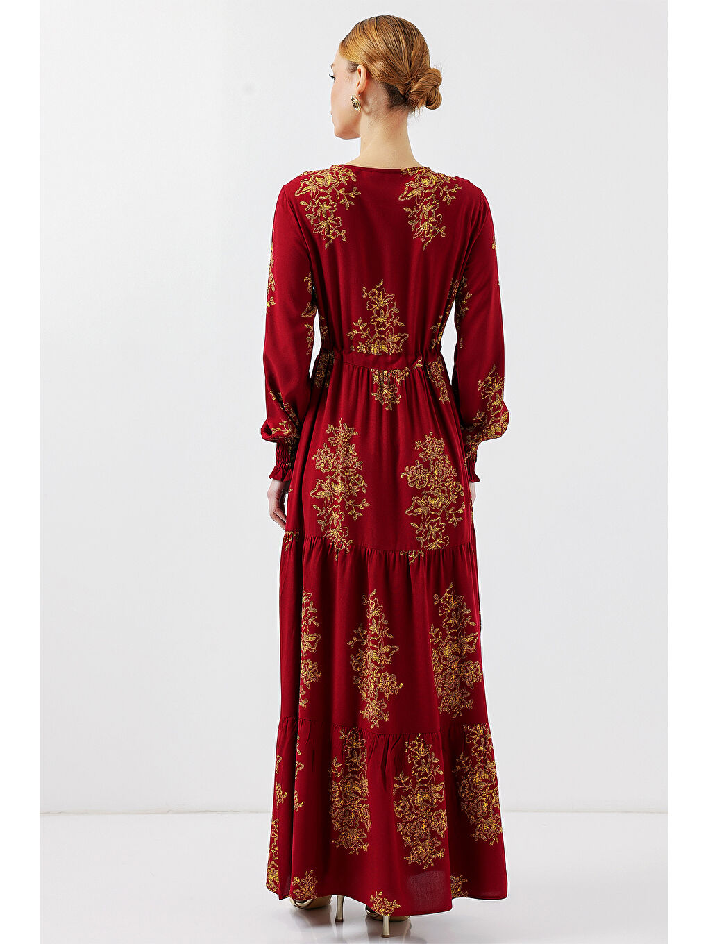 2145 Desenli Tesettür Elbise - B.Kırmızı-5