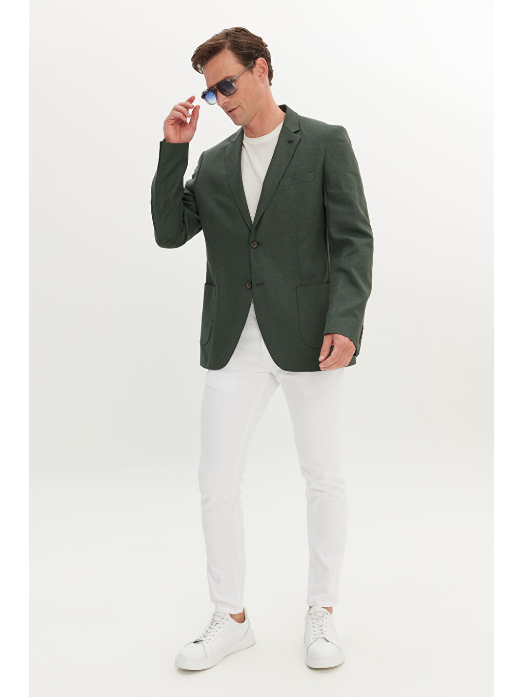 Erkek Haki Keten Slim Fit Dar Kesim Mono Yaka Torba Cepli Ceket-1