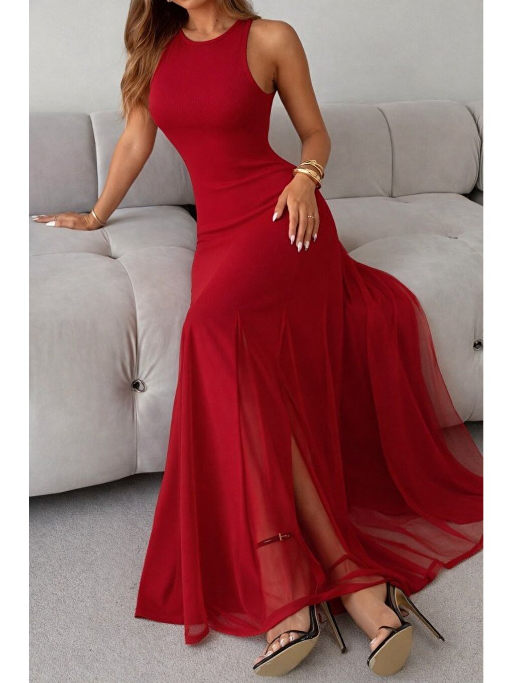 Kırmızı Kadın Askılı Bisiklet Yaka Etek Ucu Tül Detaylı Asimetrik Kiloş Uzun Ithal Krep Elbise-4