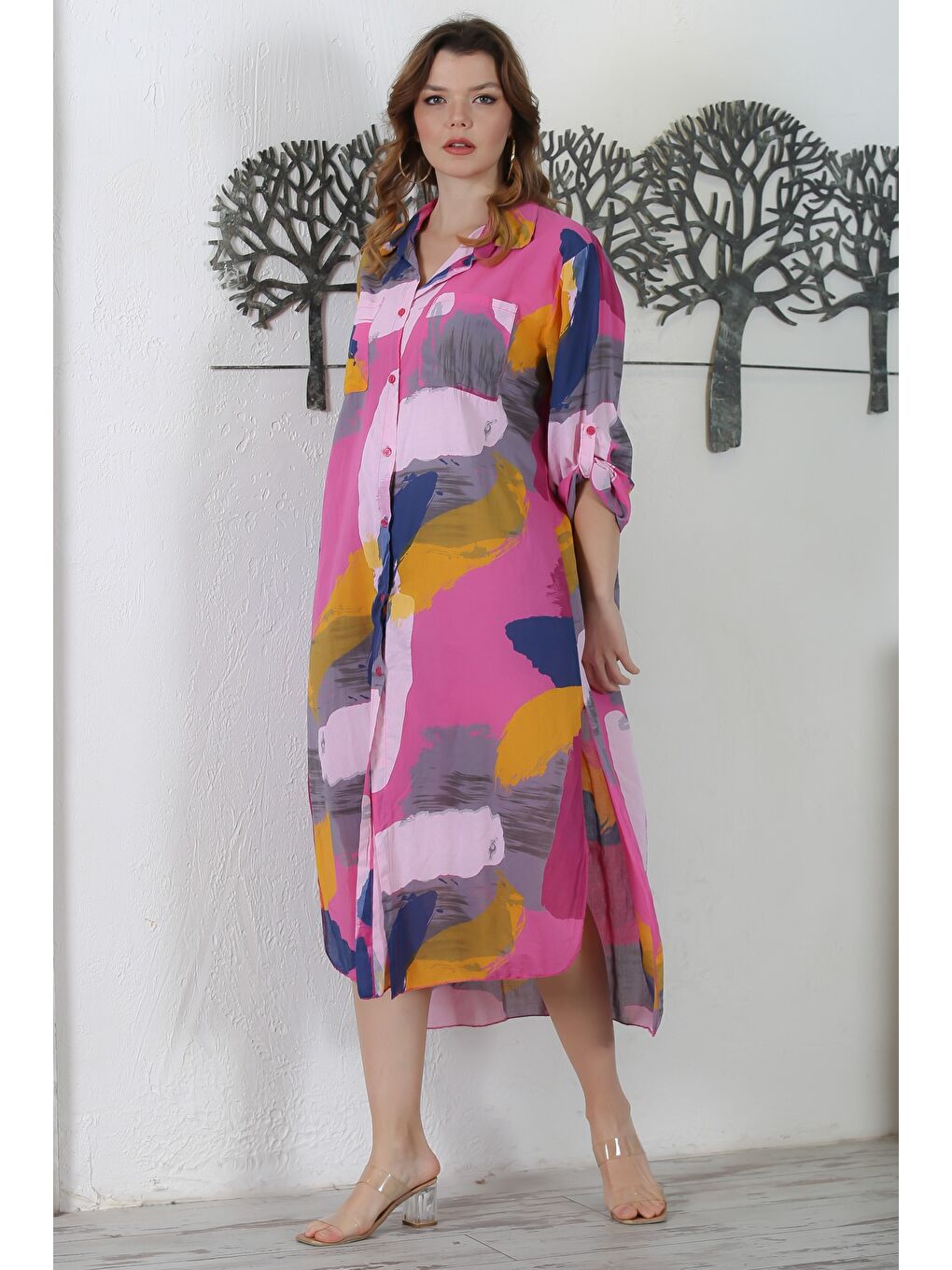 İtalyan Pembe Gömlek Yaka Düğmeli Uzun Kollu Çift Cepli Allover Baskılı Dokuma Elbise 130 65-4