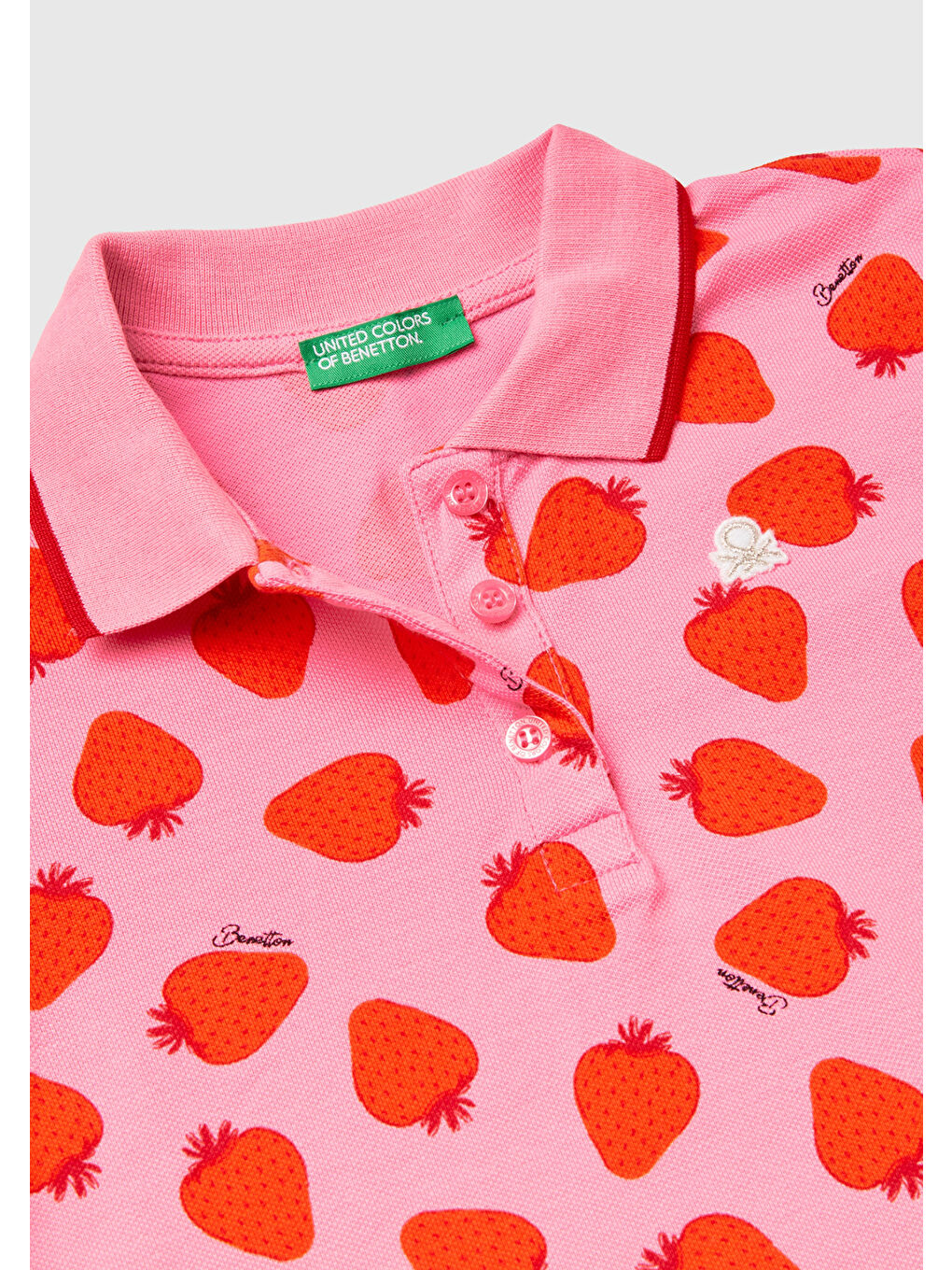 United Colors Of Benetton Kırmızı-Pembe Kız Çocuk Kırmızı-Pembe Tamamı Desenli Parlak Logo İşlemeli Polo Yaka T-Shirt - 1