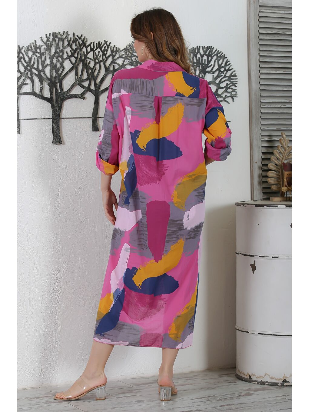 İtalyan Pembe Gömlek Yaka Düğmeli Uzun Kollu Çift Cepli Allover Baskılı Dokuma Elbise 130 65-5