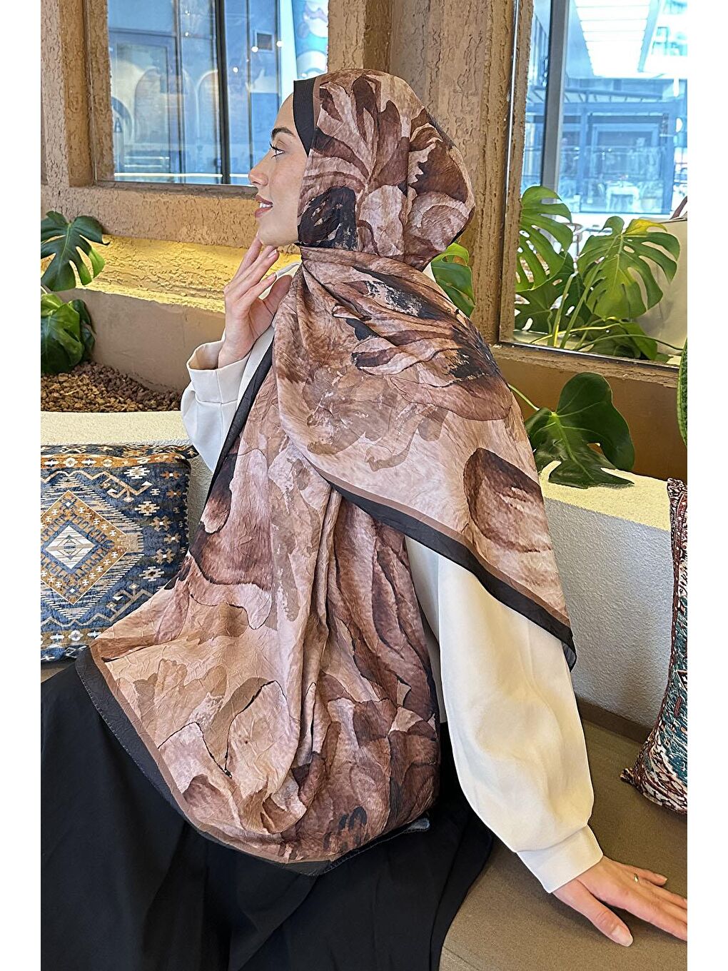 Floral Desen Bambu Şal Siyah Kahverengi-2