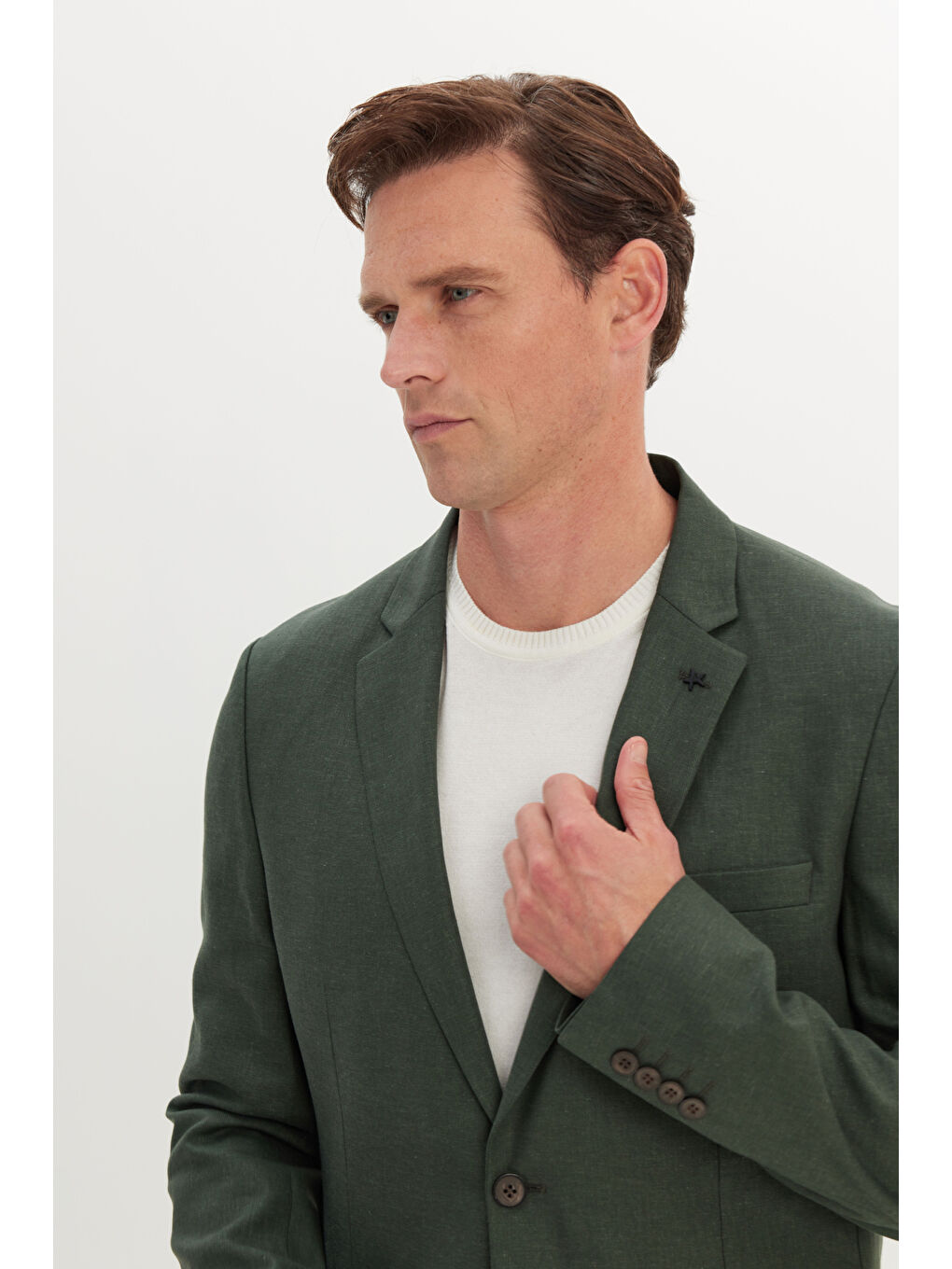 Erkek Haki Keten Slim Fit Dar Kesim Mono Yaka Torba Cepli Ceket-2