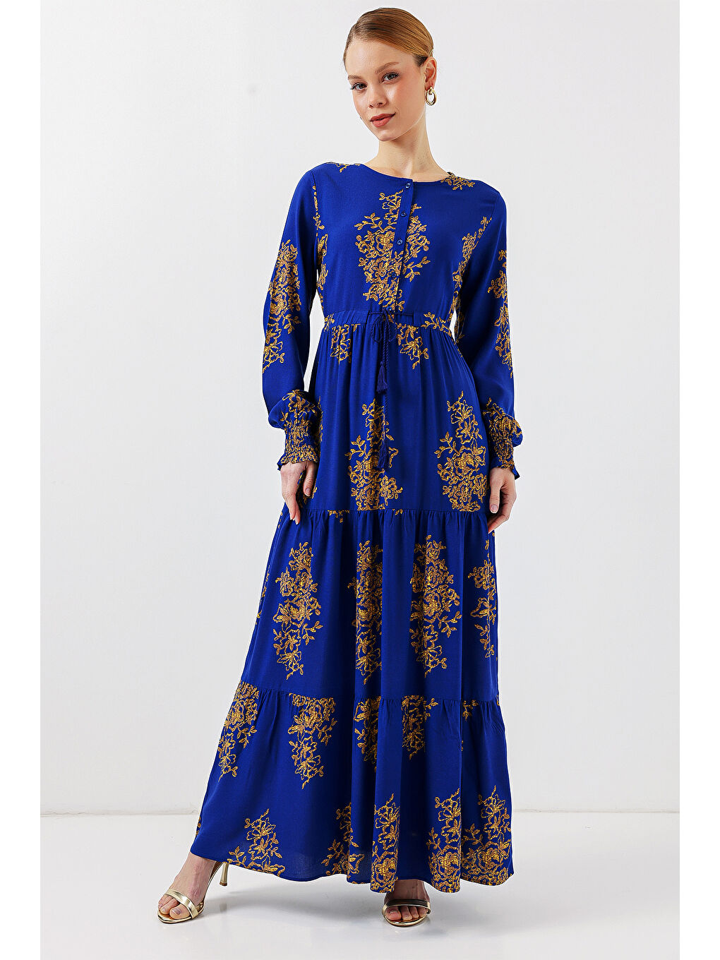 Mavi 2145 Desenli Tesettür Elbise - Saks