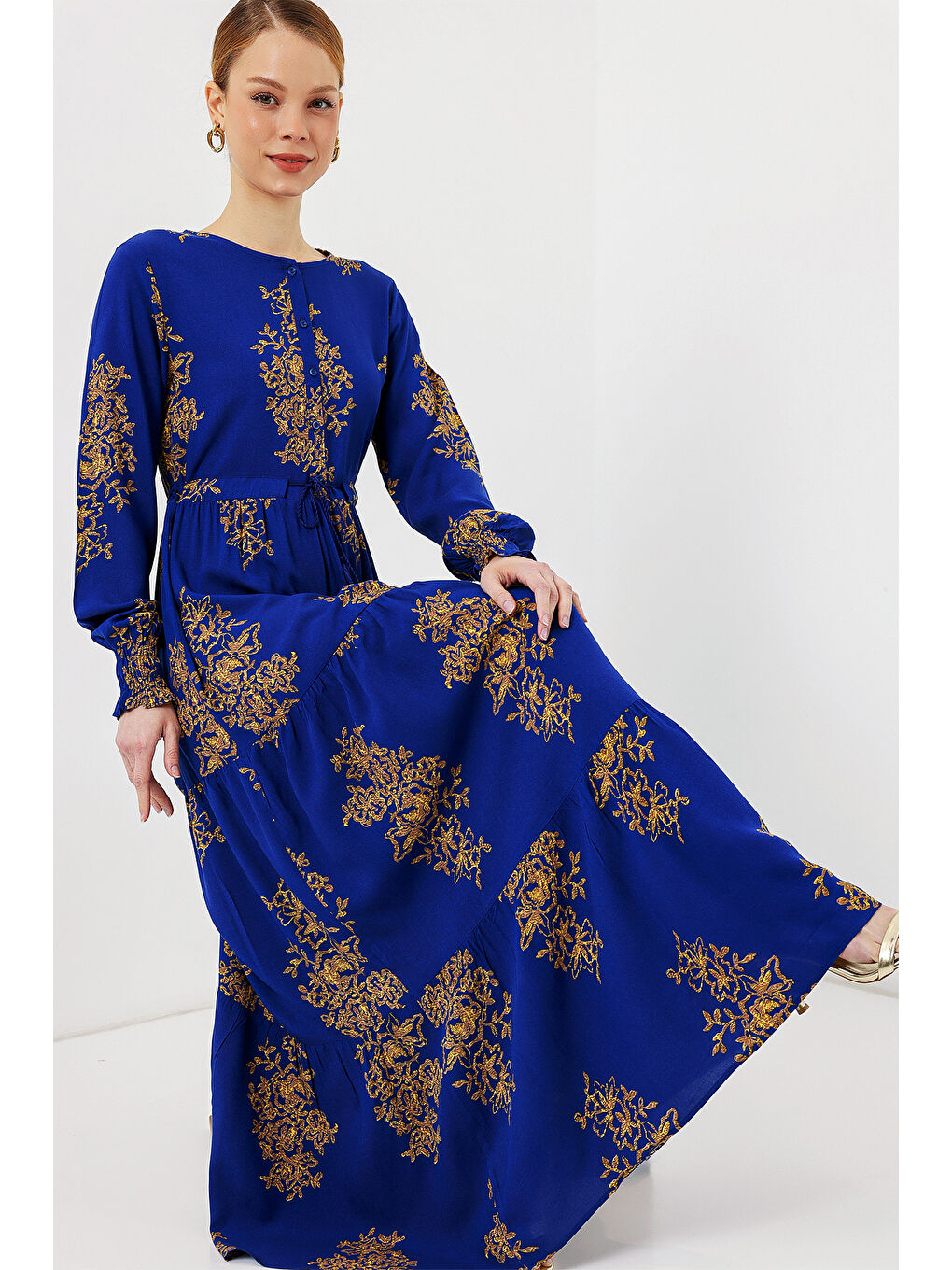 Mavi 2145 Desenli Tesettür Elbise - Saks-1