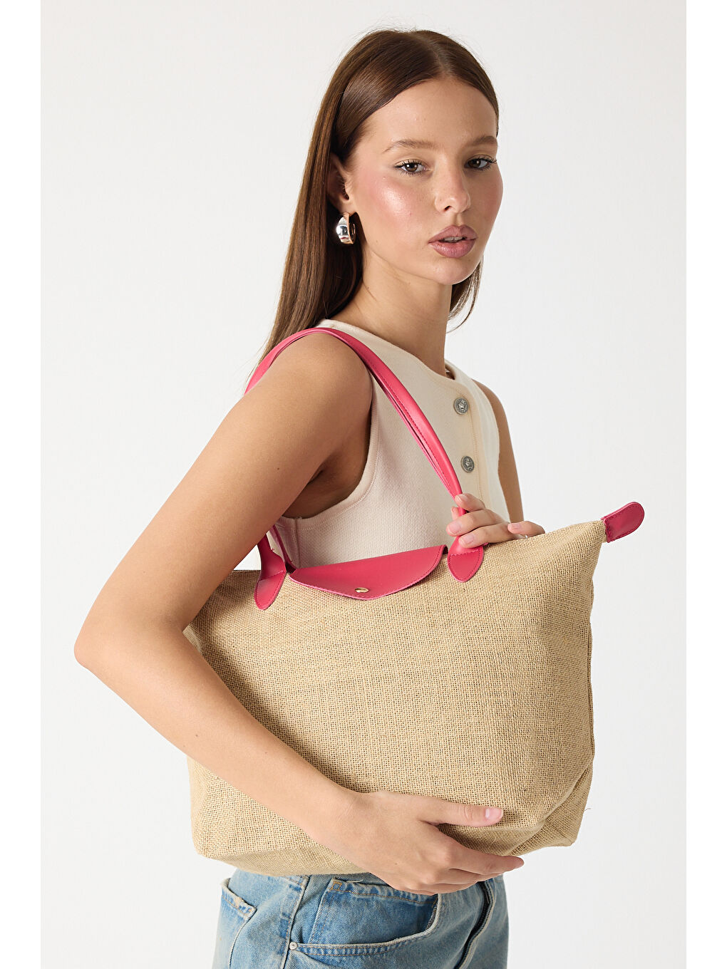 Kadın Fuşya Orta Boy Askılı Hasır El ve Omuz Çantası