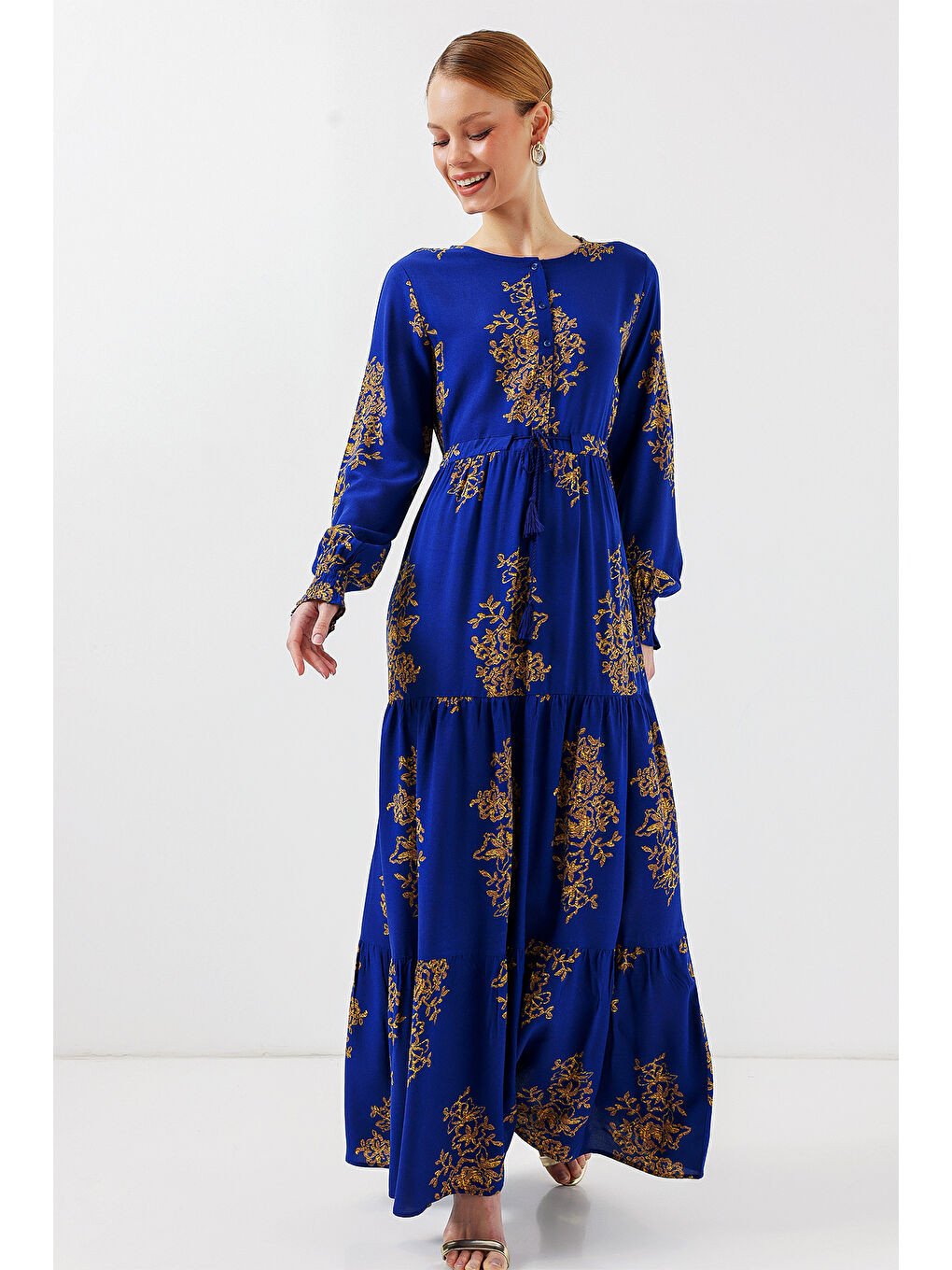 Mavi 2145 Desenli Tesettür Elbise - Saks-3