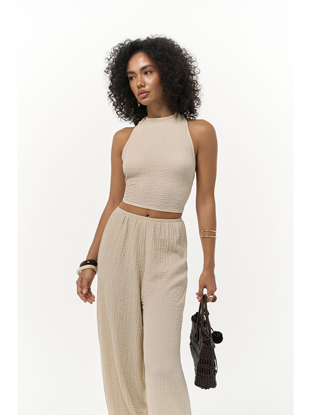 Ayshe Bağlamalı Bej Crop Pantolon Takım