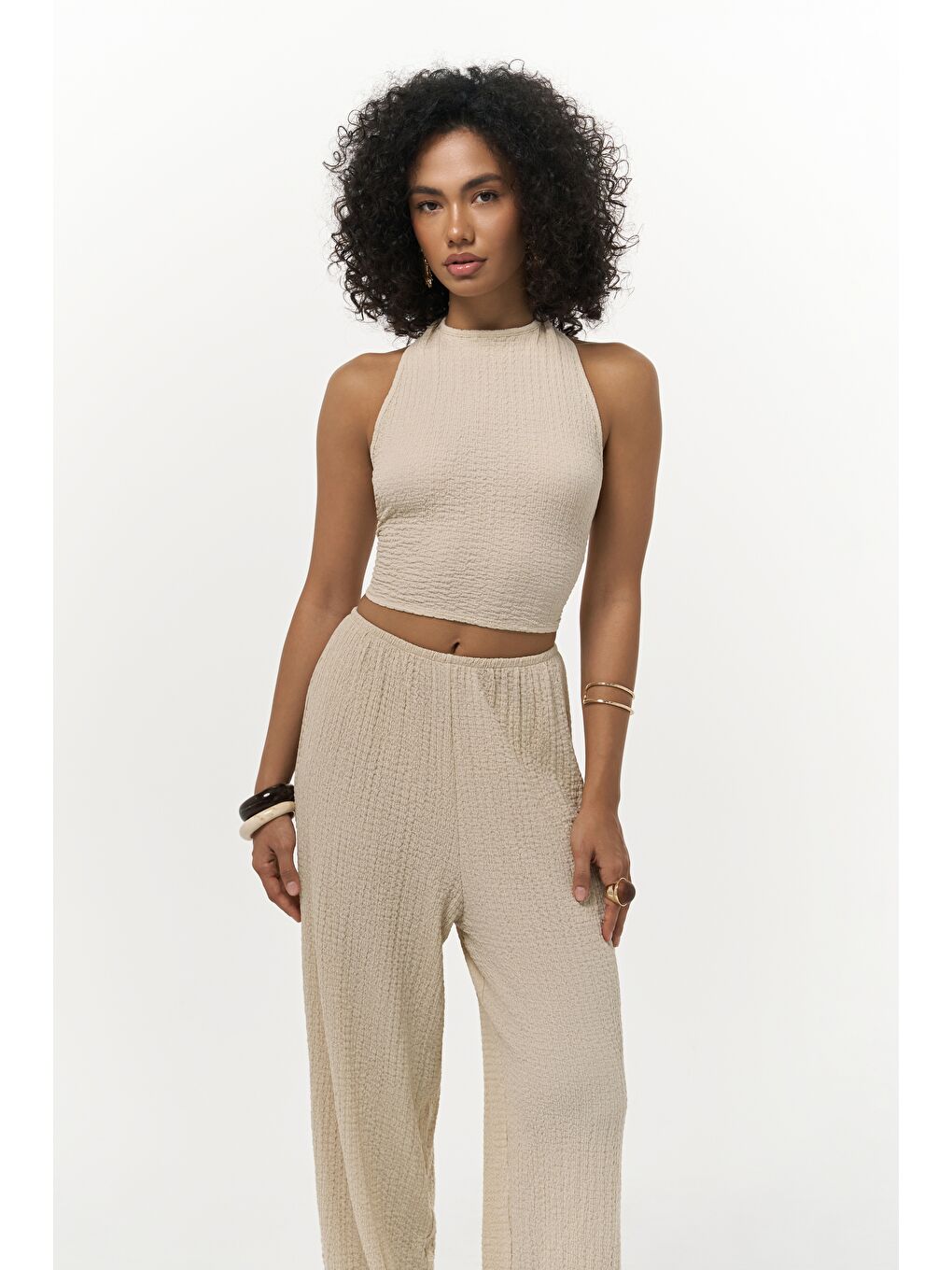 Ayshe Bağlamalı Bej Crop Pantolon Takım-1