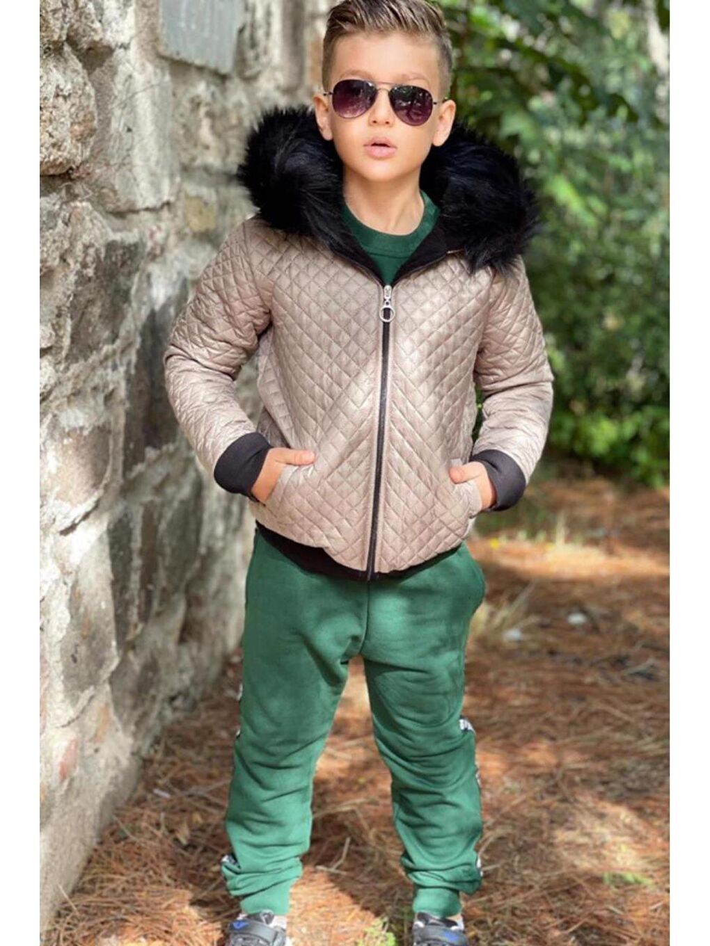 Erkek Çocuk New İçi Kürk Montlu ve Bereli Şerit Detaylı Yeşil Eşofman Takım-5