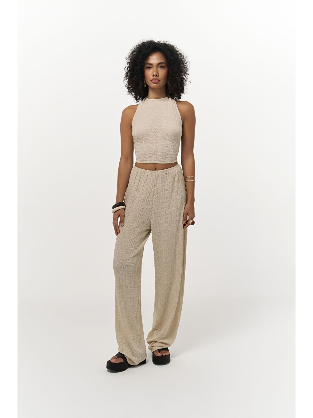 Ayshe Bağlamalı Bej Crop Pantolon Takım-2