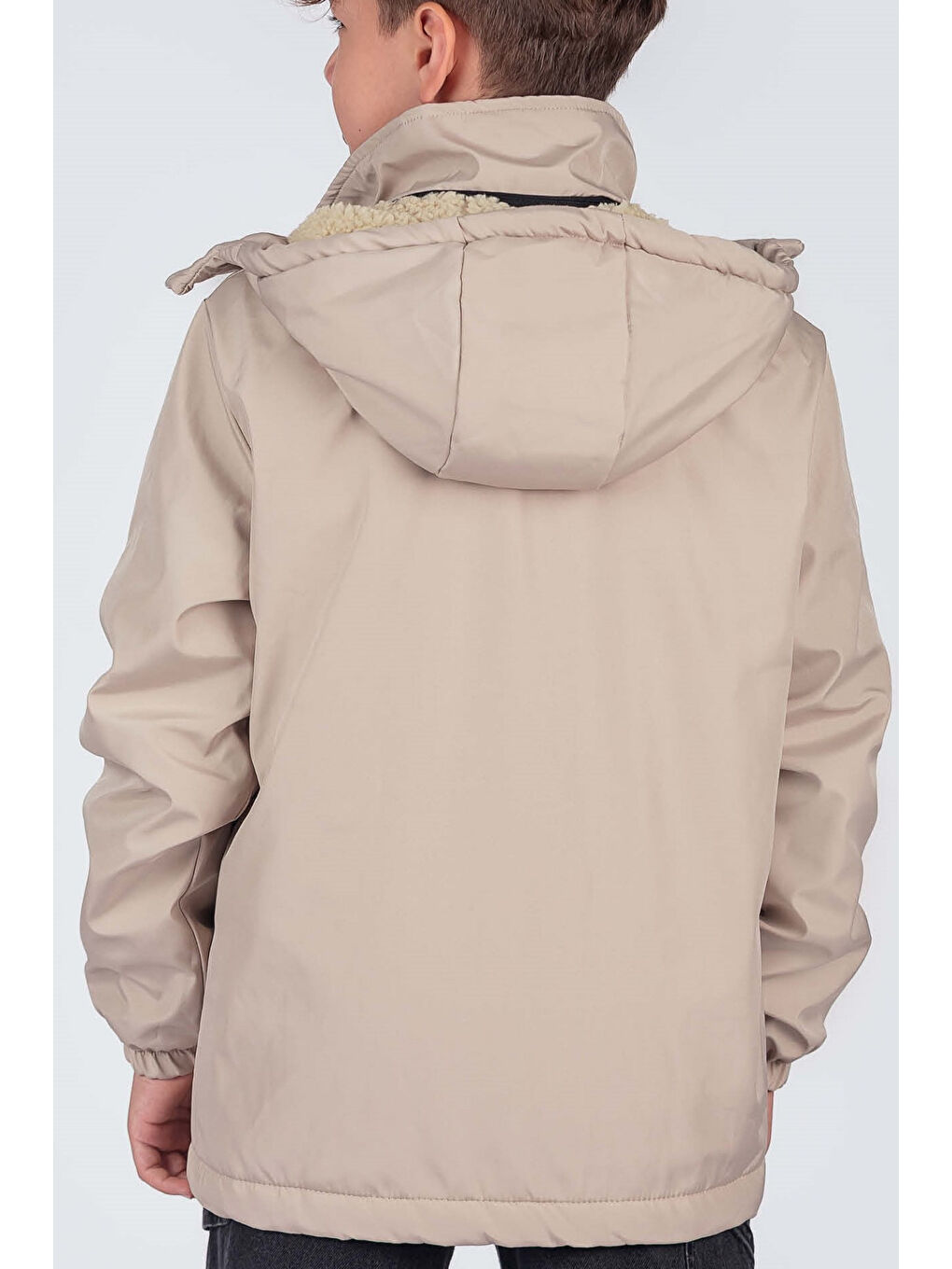 Bej Erkek Çocuk Çıkarılabilir Kapüşonlu New Life Baskılı Kışlık Mont KM7361-3