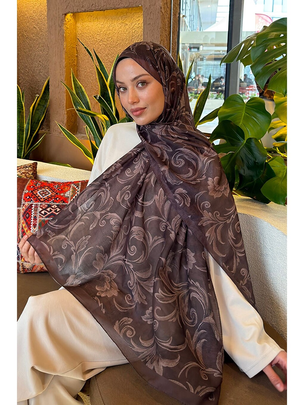 Kahverengi Etnik Desen Ferah Şal Soft Kahve-1