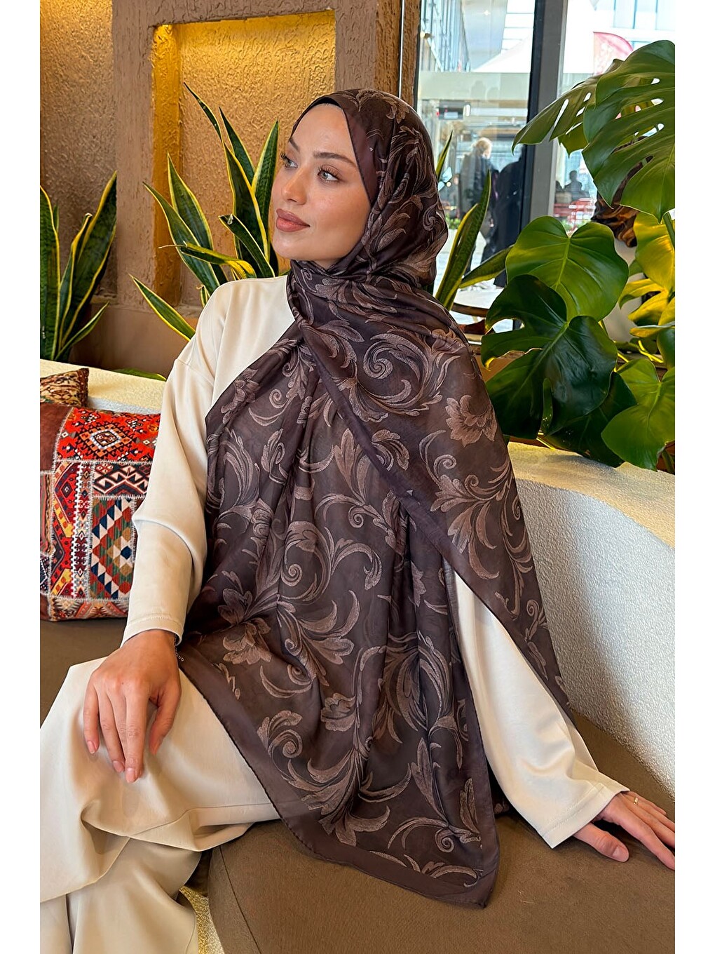 Kahverengi Etnik Desen Ferah Şal Soft Kahve-2